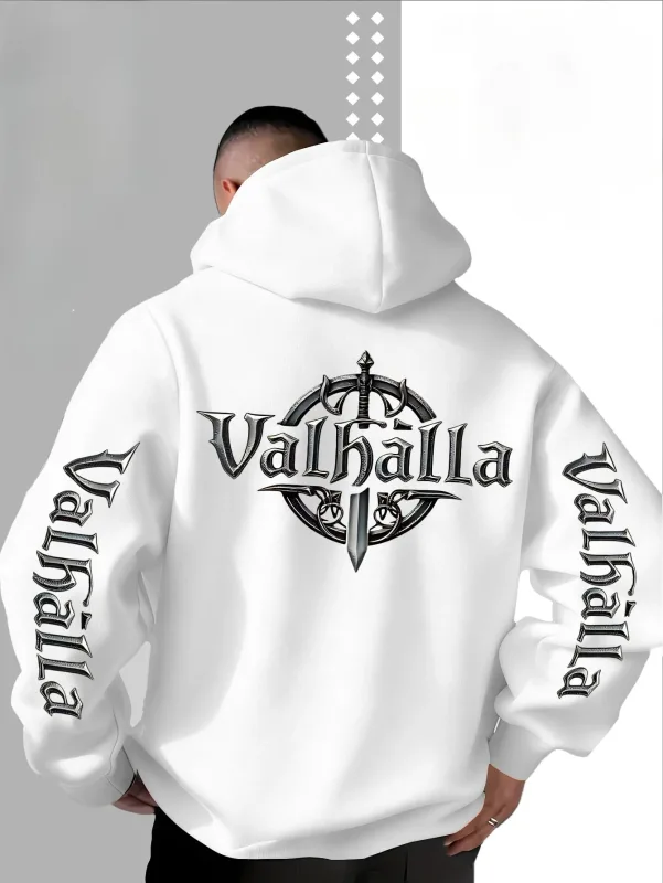 Street Style Loose Viking Valhalla Sword-Shaped Logo Printed Hooded Sweatshirt para sa Mga Lalaki, Angkop para sa Autumn at Winter.