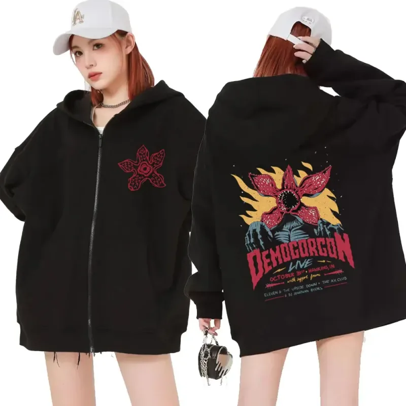 Eddie Munson The Demogorgon Zipper Hoodie Lelaki Wanita Cannibal Flower Monster Print Cardigan Hooded Sweatshirt Harajuku Streetwear
