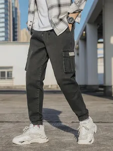 Celana Jeans Jogger Pria Celana Kargo Denim Multi Saku Agak Melar Bahan Katun Dicuci Ukuran Asia L-6XL