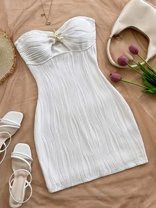 Damen Sommer Sexy Party Date Strandkleid Textur Ausgehöhlter Minirock mit Metall-Seestern-Dekoration Tailliert und attraktiv Wh