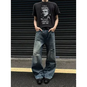Men's Jeans Man Pants Heavy Duty Washed Multi Pocket Carpenter Style Straight Loose Denim Trousers Casual Fit High Street