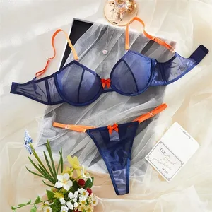 Quần Lót Nữ Màu Xanh Hải Quân Sheer Lưới Quần Lót Thép Nhẫn Áo Ngực Nơ Cam Đùi 2 Miếng Gợi Cảm Màu Sắc Tương Phản Dùng Thân Thiết