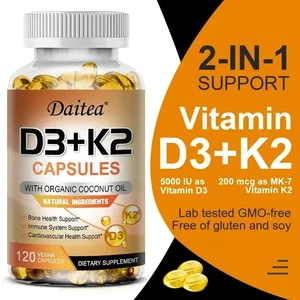 Capsule vegane de vitamina D3 K2 - ulei de nucă de cocos organic - supliment zilnic pentru un sistem imunitar sănătos și oase Fără gluten și soia