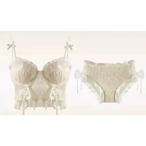 Vrouwen Kanten Lingerie Set Ruche Rand Mesh Kruis Strappy Push Up Bh Voor Kleine Borst Zoet Zacht Dagelijks Comfortabel Ondergoed Tweedelig