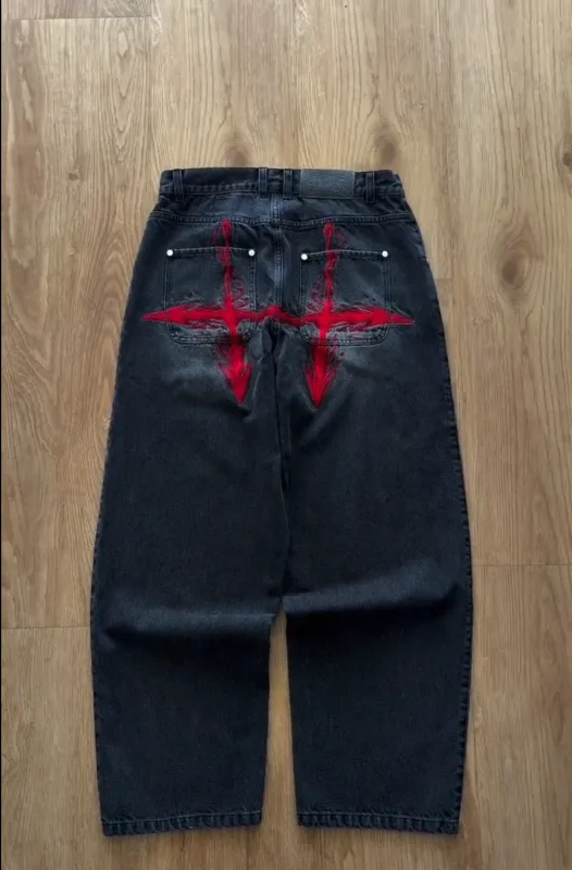 Retro Flame Arrow Embroidered Jeans Baggy Wide Leg Straight Denim Pants Men's Hip Hop Y2k High Waist Streetwear Men Clothing