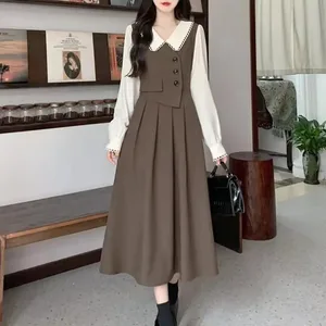 Vrouwen Jurken 2026 patchwork nep tweedelige lange mouwen baby kraag hoge kwaliteit ontwerp herfst elegante lange jurk vestidos
