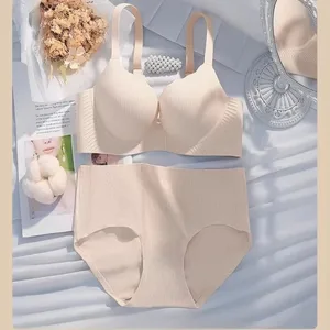 New Women Thick Padded Wirefree Bra Set Seamless Solid Color Comfort Gathering Lingerie Push Up Effect Designed for Smaller Bust