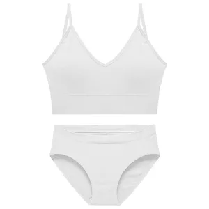 Dámská bezešvá žebrovaná sada podprsenky a kalhotek, 2dílná sada se špagetovým ramínkem Crop Top Sada vysoce strečového spodního prádla s odnímatelnými vycpávkami