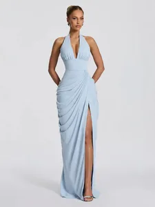 Seksi Katı Pileli Boyundan Bağlamalı Elbise Kadın Moda Kolsuz Backless Bel-cinching Bölünmüş Maxi Elbiseler 2026 Yaz Bayan Parti Törenlerinde