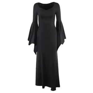 Halloween Costume Women Batwing Sleeve Floor Dress Black Gothic Evil Terror Maxi Mistress Morticia Addam Family Outfit For Adult