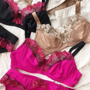 Franska spetsblommor broderi-bh-set för kvinnor Ultratunna underkläder Sexiga bygel Push Up-bh:ar Plus Size BCDEFG Cup Underkläder