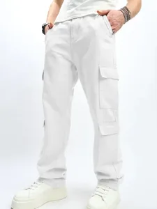 Herre Flere lommer Laste løse jeans Streetwear Rett Uformelle utendørs bukser Herreklær Mote dongeribukser Hvit
