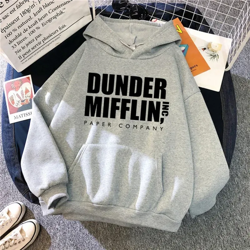 Dunder Mifflin Kapşonlu Kağıt Şirketi Ofis TV Programı Sloganı Minimalist Estetik Gri Büyük Boy Günlük Spor Tişörtü