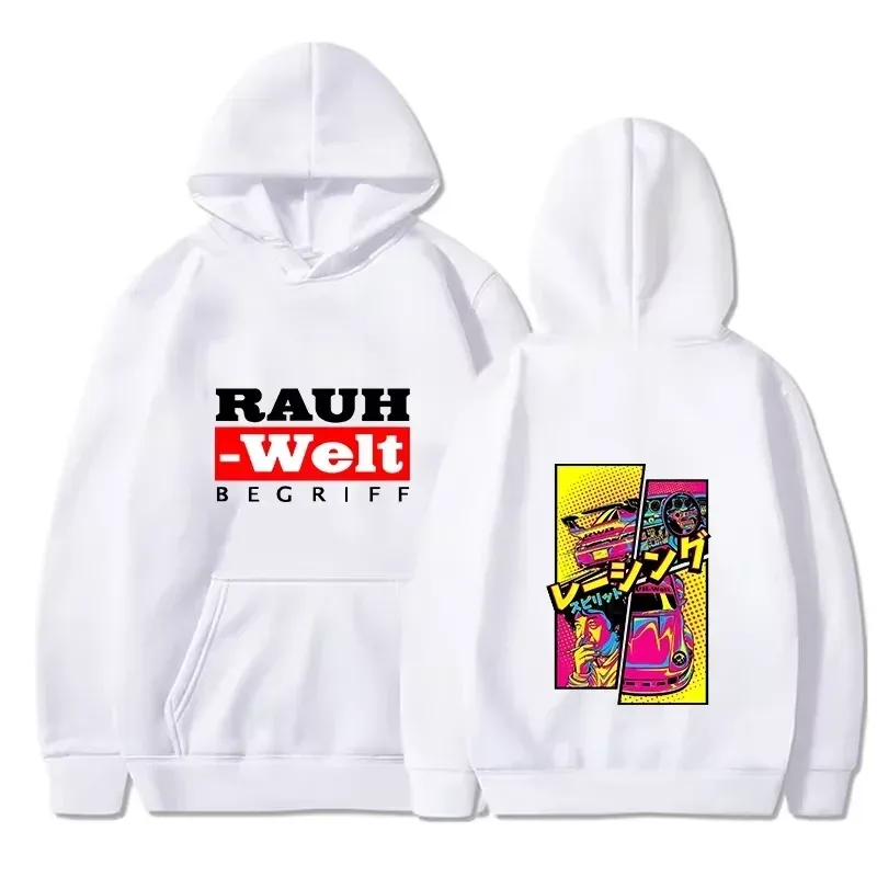 Rauh Welt Hoodie Car Widebody Tuning JDM Racing Pop Art Komik Estetik Hitam Bersaiz Besar Baju Kasual Lengan Panjang
